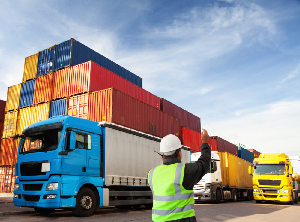 container terminal with trucks  with freight forwarding manager,worker